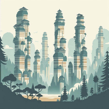 illustration of mosque in the forest with trees and lake in the backgroundのイラスト素材