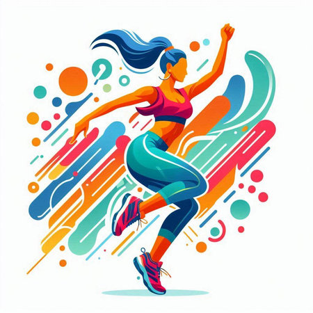 Running woman. Sport vector illustration. Runner jogging on colorful background.のイラスト素材