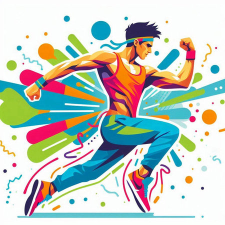 Athletic young man running in colorful background. Vector illustration.のイラスト素材