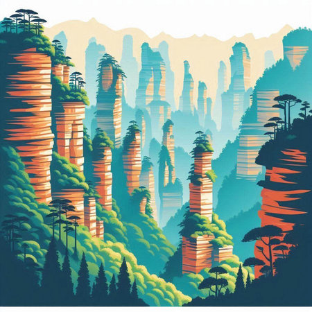 Sandstone mountains with coniferous forest in the background, vector illustrationのイラスト素材