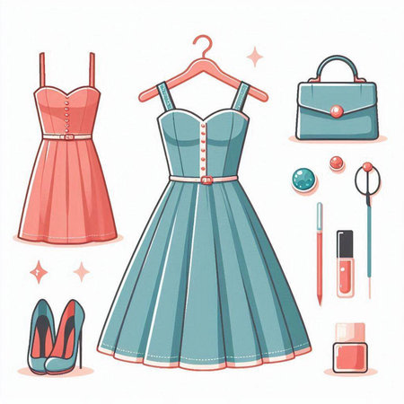 Fashion set of women's clothing and accessories. Vector illustration.のイラスト素材