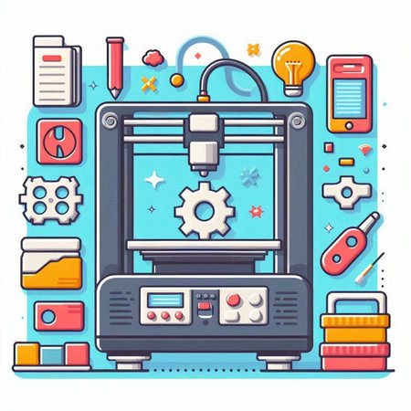 Vector illustration of 3d printer. Colorful flat line art design.のイラスト素材