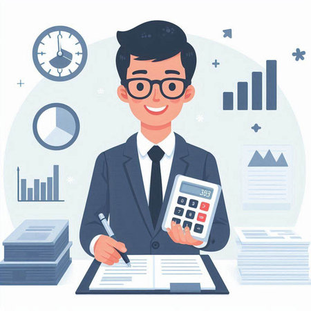 Businessman holding a calculator and doing calculations. Vector illustration in flat styleのイラスト素材