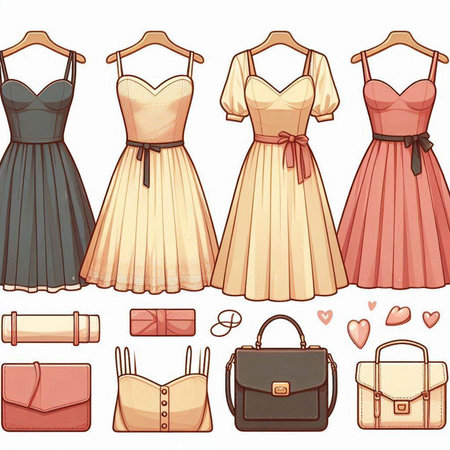 Set of different women's dresses. Vector illustration in cartoon style.のイラスト素材