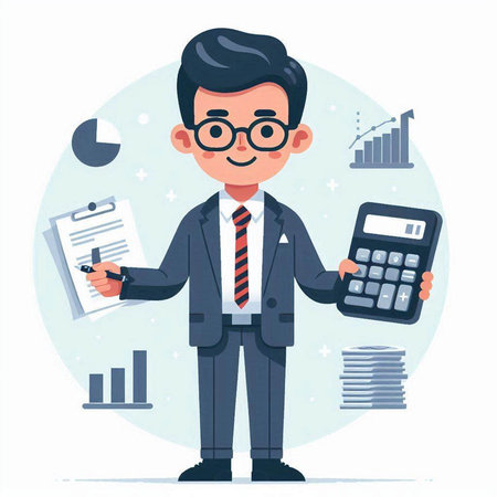 Businessman with calculator and documents. Male character in flat style. Vector illustrationのイラスト素材