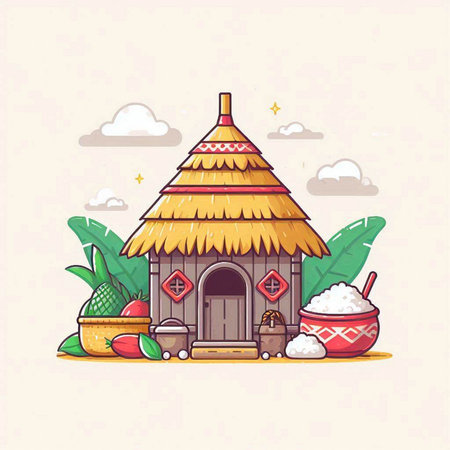 Vector illustration of a traditional indian hut, rice bowl, and coconut.のイラスト素材