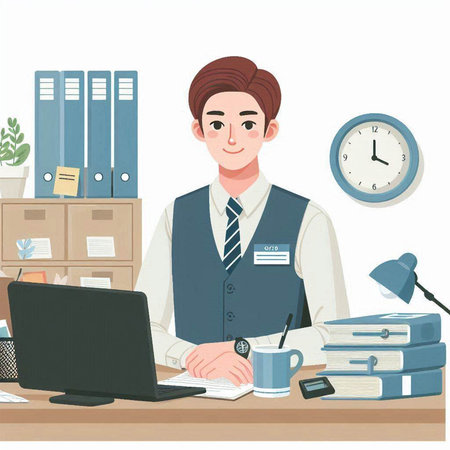 Vector illustration of a young male receptionist at his workplace in officeのイラスト素材