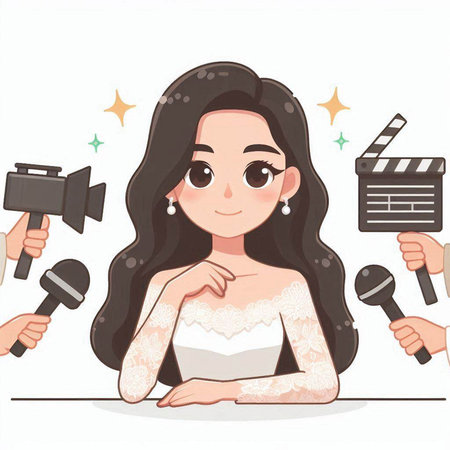 Cute cartoon girl with microphone and clapperboard. Vector illustration.のイラスト素材