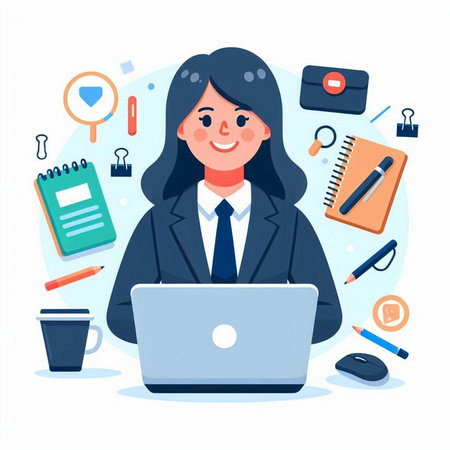 Young business woman working on laptop in office. Vector illustration in flat styleのイラスト素材