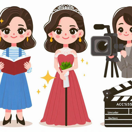 Cute cartoon girl holding a bouquet of flowers and a cameraのイラスト素材