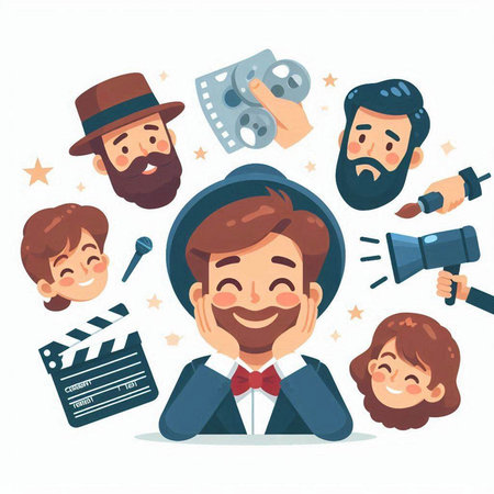 Cinema characters. Vector illustration in flat cartoon style. Isolated on white background.のイラスト素材
