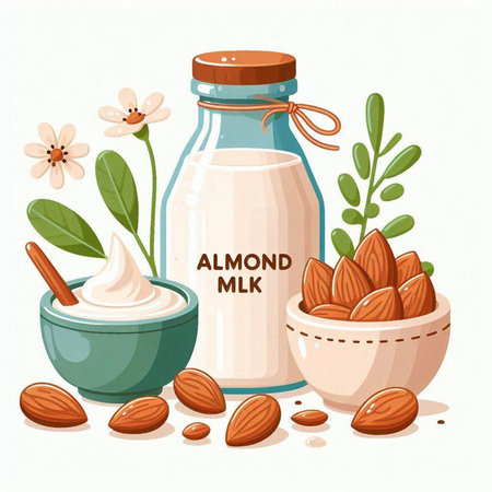 Almond milk in a glass bottle and bowl with almond nuts. Vector illustration.のイラスト素材