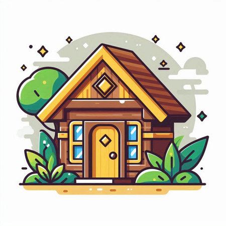 Vector illustration of wooden house in cartoon flat style with green plants.のイラスト素材