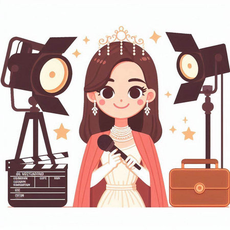 Cute cartoon girl with long hair, holding a microphone and a movie camera.のイラスト素材