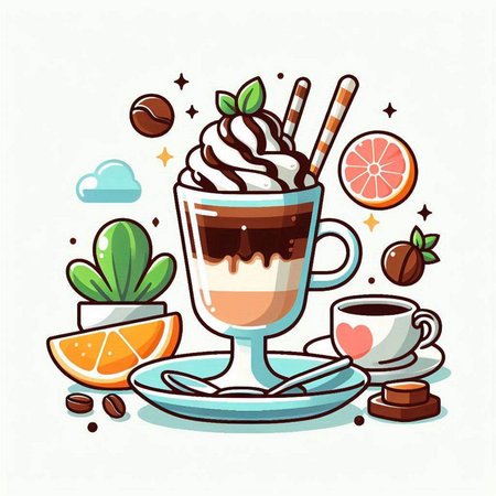 Cup of hot chocolate with whipped cream, ice cream, coffee beans, candies and fruits. Vector illustration.のイラスト素材