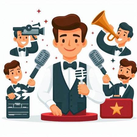 Cartoon vector illustration of a man in a suit with a microphone.のイラスト素材
