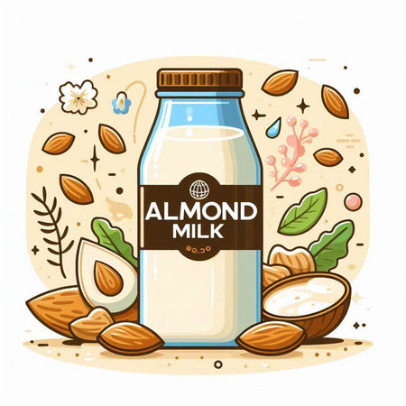 Almond milk in a glass bottle with nuts. Vector illustration.のイラスト素材