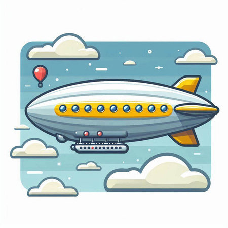 Airship in the sky with clouds. Cartoon style. Vector illustration.のイラスト素材