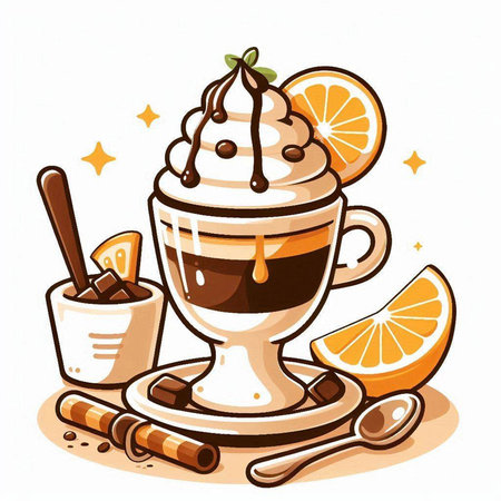 Illustration of a cup of coffee with whipped cream, cinnamon and orangeのイラスト素材