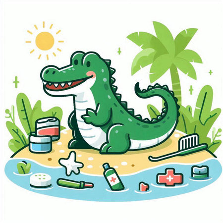 Cute crocodile on the beach. Vector illustration in cartoon style.のイラスト素材