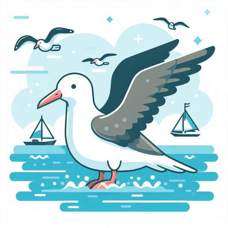 Seagull on the sea. Vector illustration in flat style.のイラスト素材