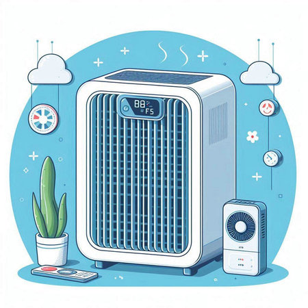 Modern air conditioner on a blue background. Vector illustration in cartoon style.のイラスト素材