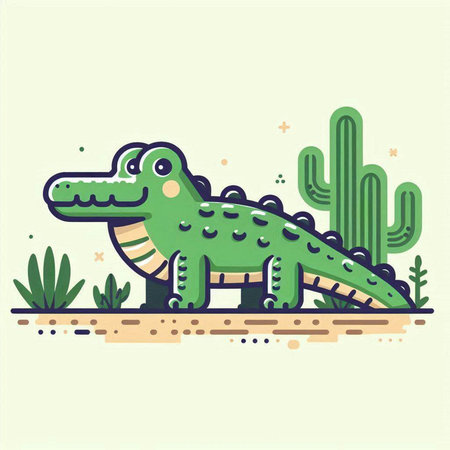 Crocodile in desert with cactus. Vector illustration.のイラスト素材