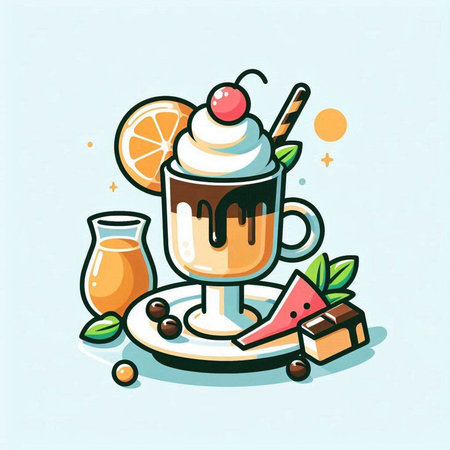 Coffee cup with whipped cream, orange juice and chocolate, vector illustration.のイラスト素材