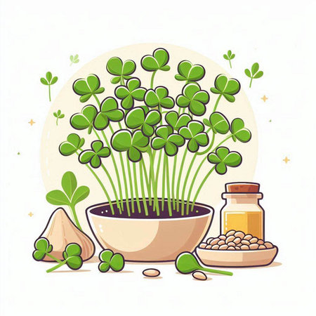 Microgreens in a pot with a bottle of oil. Vector illustrationのイラスト素材