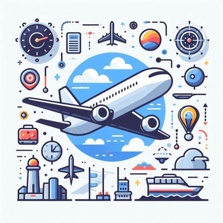 Flat line design modern vector illustration concept of air travel. Airplane, ship, ship, plane, compass and other elements.のイラスト素材