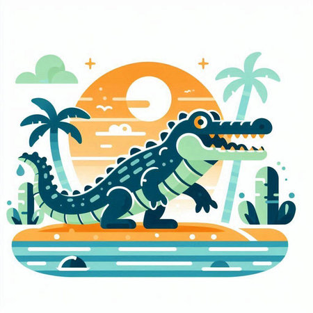 Crocodile on the island. Vector illustration in flat styleのイラスト素材