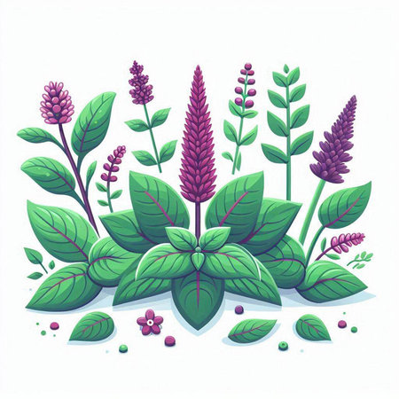 Illustration of fresh basil leaves and flowers on a white background.のイラスト素材