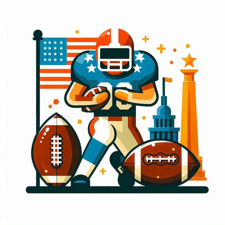 American football player with ball, helmet and american flag. Vector illustrationのイラスト素材
