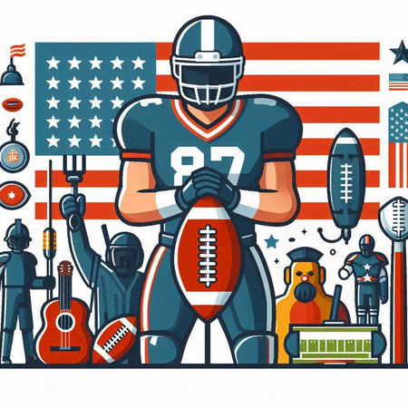 American football player on american flag background. Vector illustration in retro style.のイラスト素材