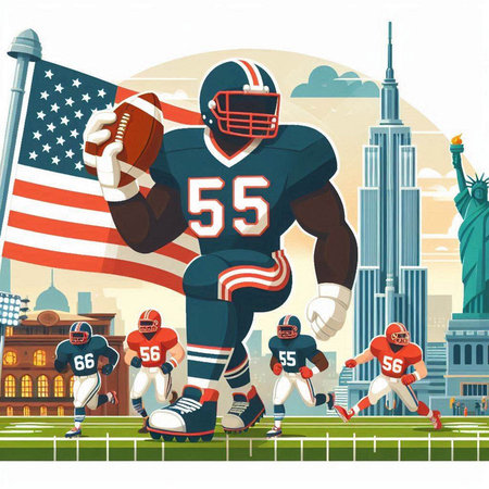 American football player on the field with american flag. Vector illustration.のイラスト素材