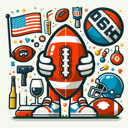 American football vector illustration in flat cartoon style. American football player with american flag, ball, bottle of wine and other elements.のイラスト素材