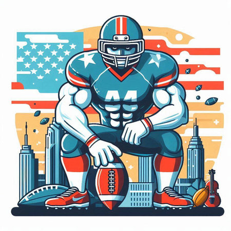 American football player on the background of the american flag. Vector illustrationのイラスト素材