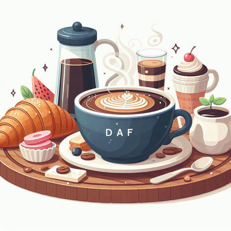 Coffee cup and croissant on wooden table. Vector illustrationのイラスト素材
