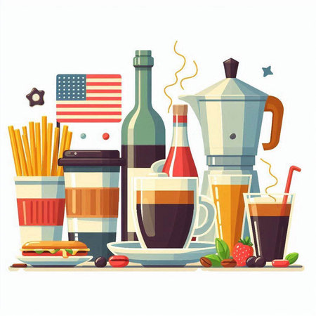 American cuisine vector illustration in flat style. American food and drink concept.のイラスト素材
