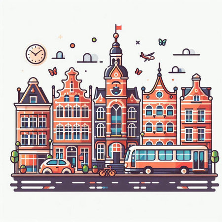 Cityscape of Amsterdam, Netherlands. Colorful vector illustration in flat styleのイラスト素材