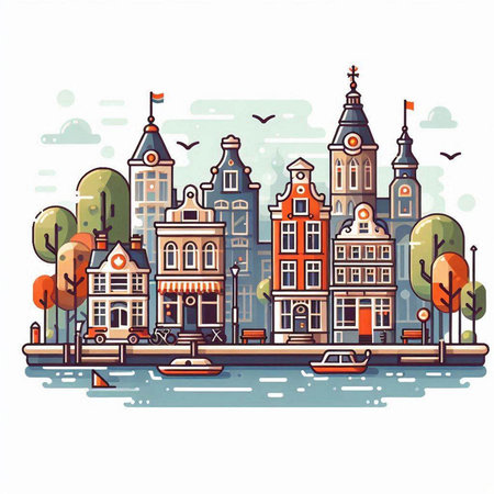 Amsterdam cityscape. Hand drawn vector illustration in flat style.のイラスト素材