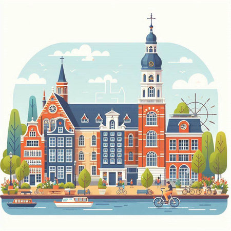 Amsterdam cityscape. Vector illustration in flat cartoon style. Amsterdam is the capital of the Netherlands.のイラスト素材