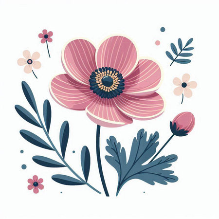 Floral card with pink anemone flowers and leaves. Vector illustration.のイラスト素材