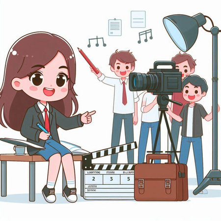 Illustration of a female reporter interviewing a young man with a cameraのイラスト素材