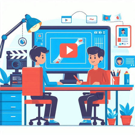 Video conference and online meeting. Man and woman sitting in front of computer monitor. Video conference with friends. Vector illustration in flat styleのイラスト素材