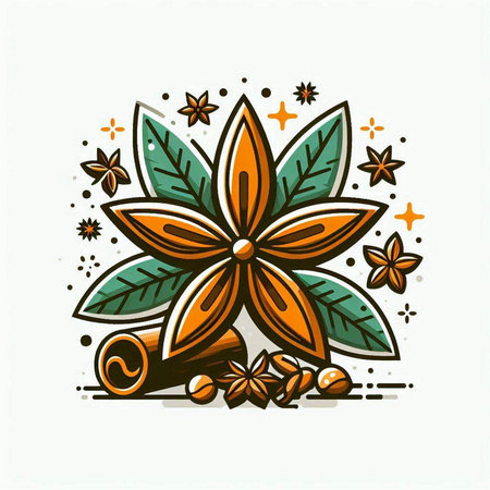Cinnamon icon with star anise and leaves. Vector illustration.のイラスト素材