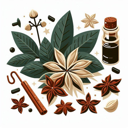 Spices and herbs. Vector illustration of anise, cinnamon, star anise, cloves.のイラスト素材