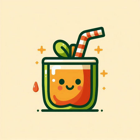 Cute orange juice in a glass with a straw on a yellow background. Vector illustration.のイラスト素材
