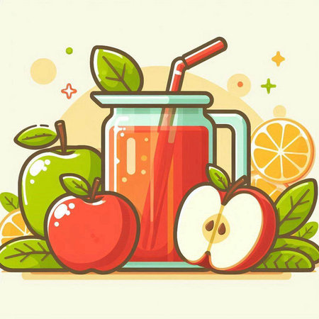 Juice in a glass with apples and oranges. Vector illustration.のイラスト素材