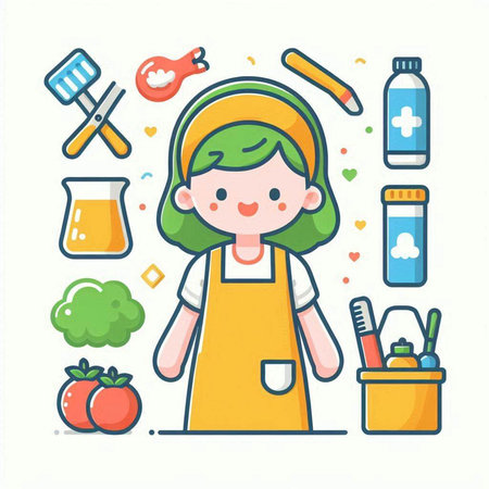 Vector illustration of a cute girl in apron standing next to a set of kitchen utensils.のイラスト素材